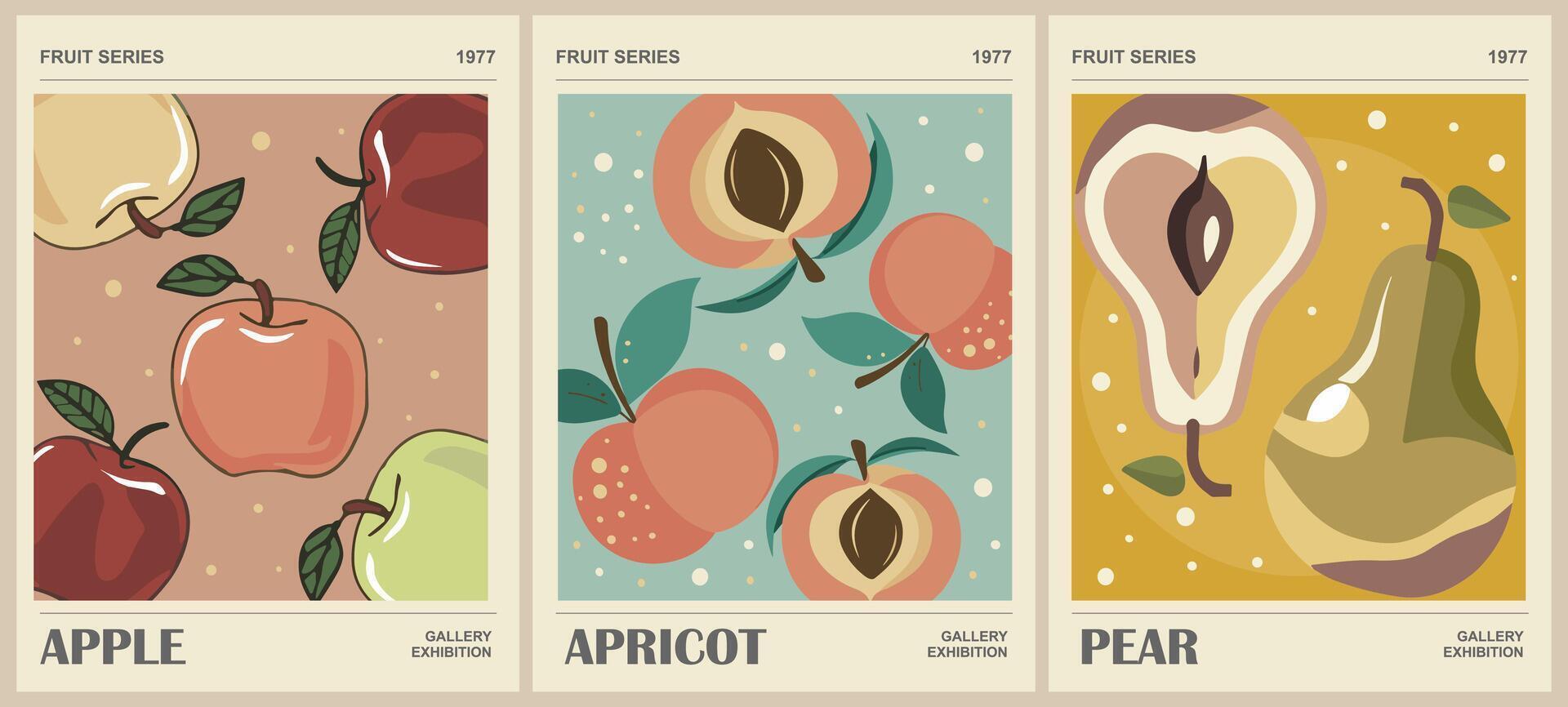 Abstract Fruit Market retro art poster set. vector