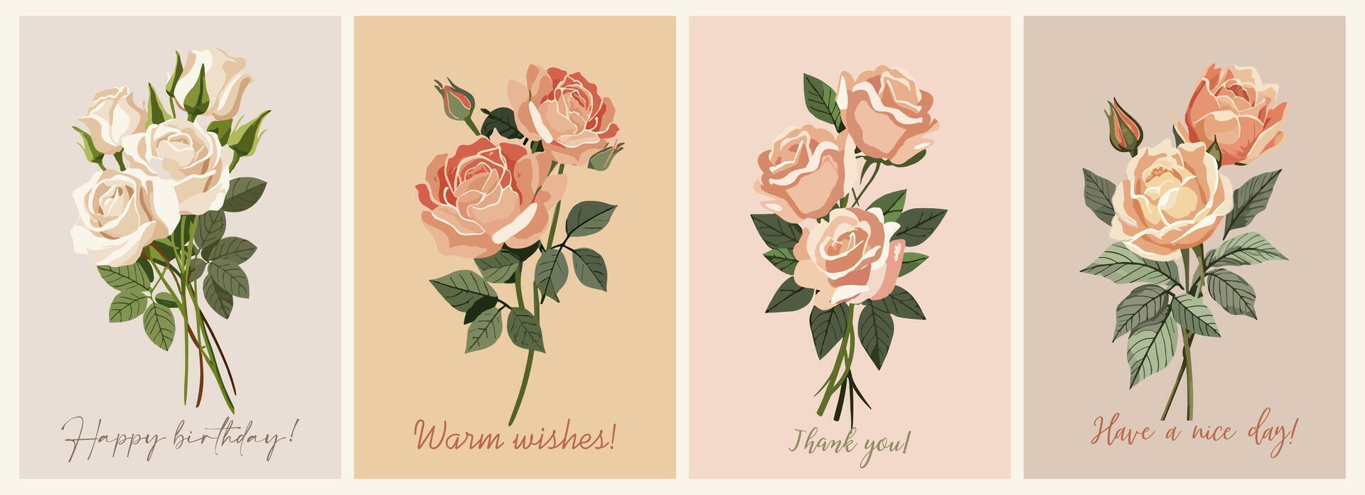 Set of cards with pink, white, coral roses. vector