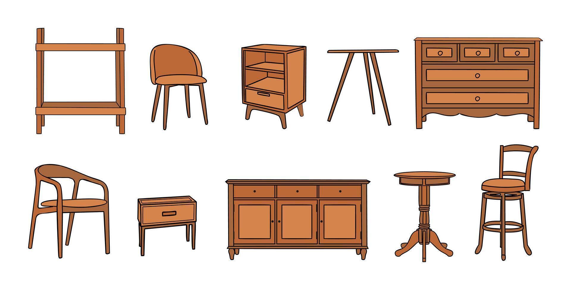 Set of modern wooden furniture isolated. vector