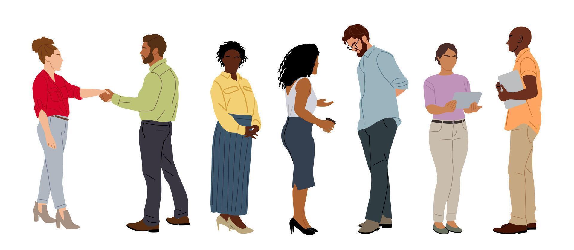 Different business team members standing on white. vector