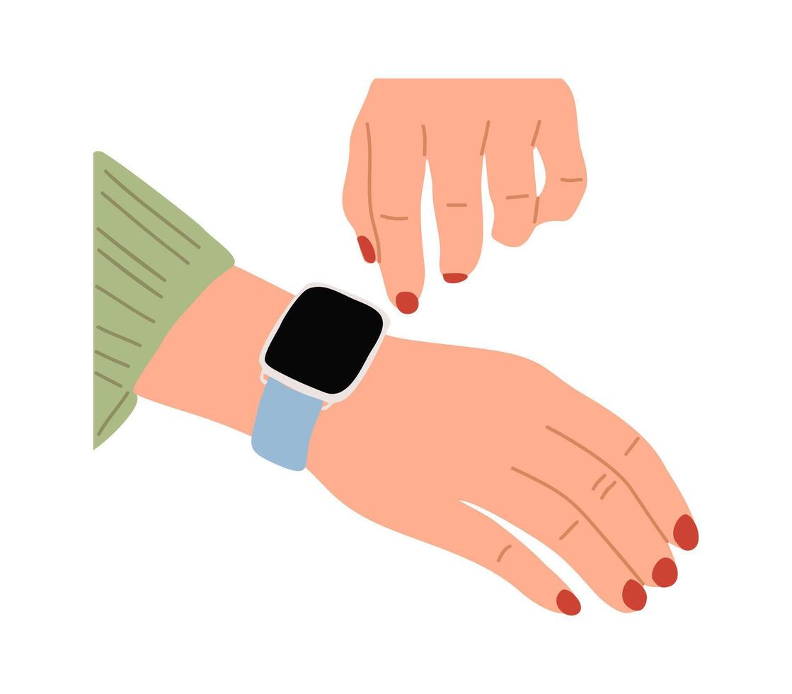 Female hands wearing smart watch on wrist . vector