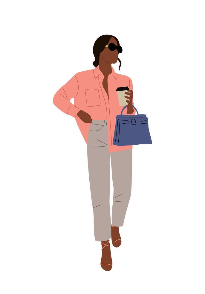 Stylish black woman wearing summer fashion outfit. vector