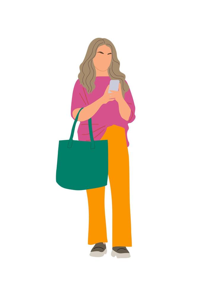 Young woman standing with phone and shopping bag. vector