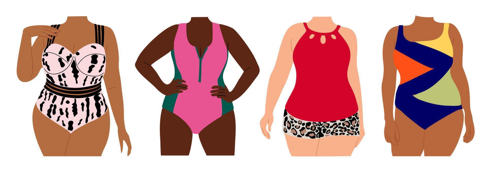 Set of Plus size curvy Women in modern swimsuits. vector