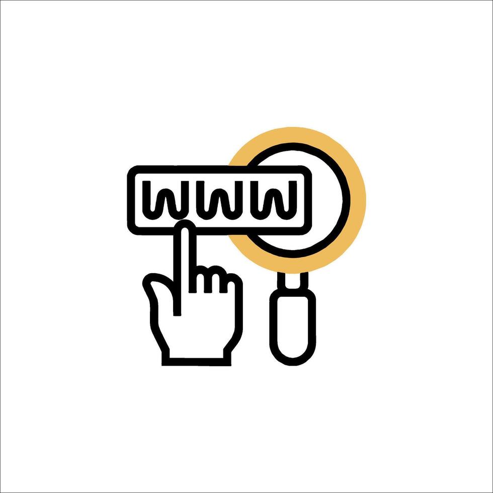 A hand holding a magnifying glass and pointing to a website icon vector
