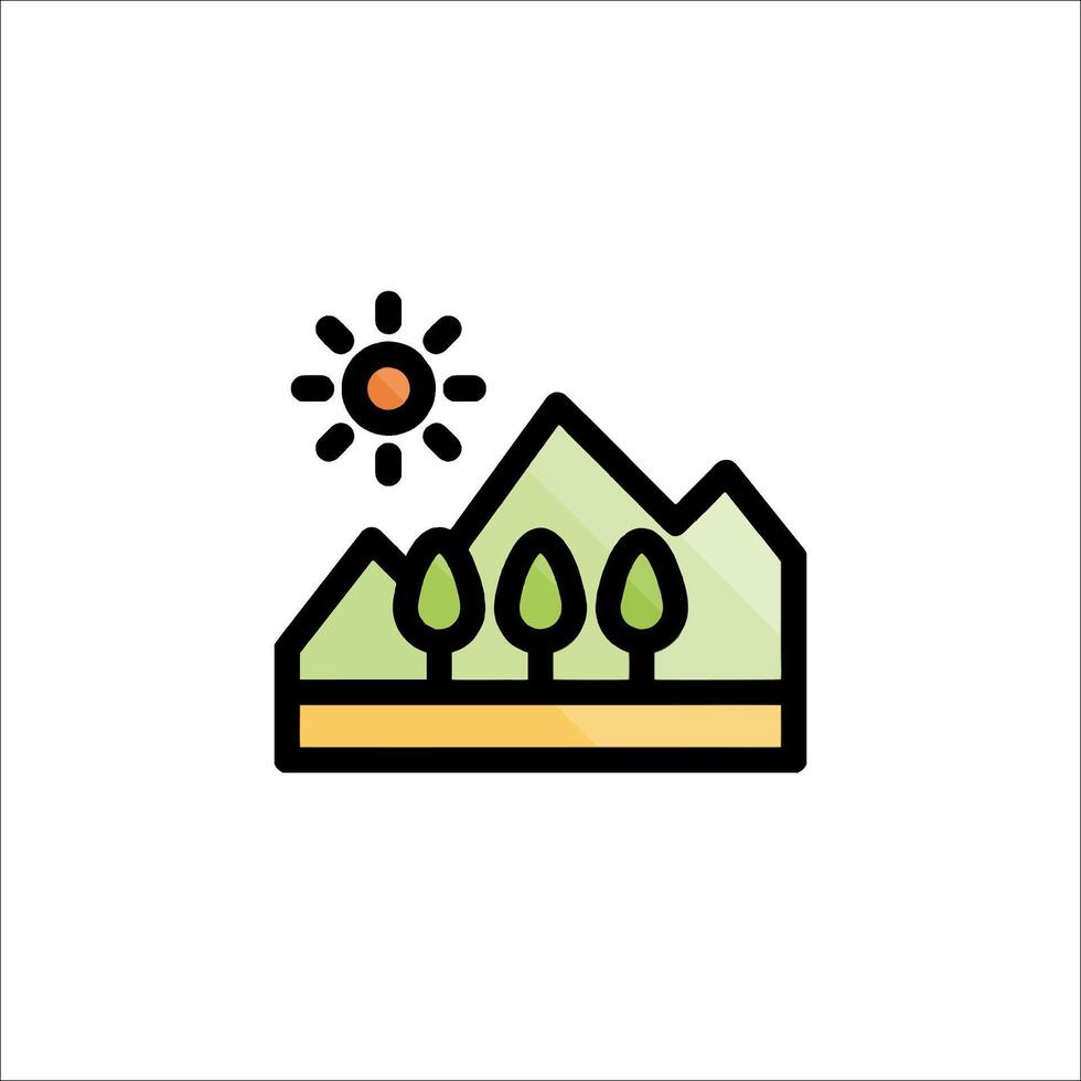 A mountain landscape with trees and sun vector