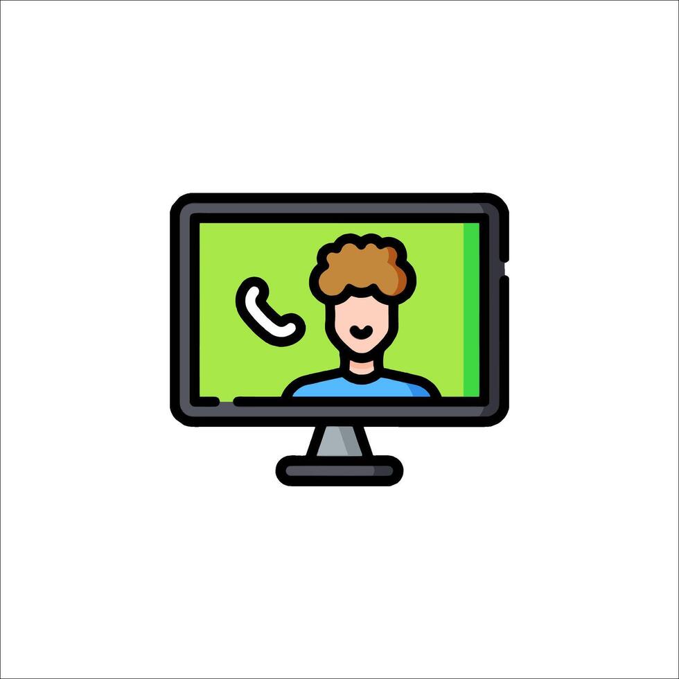 A man on a computer screen with a phone call icon vector