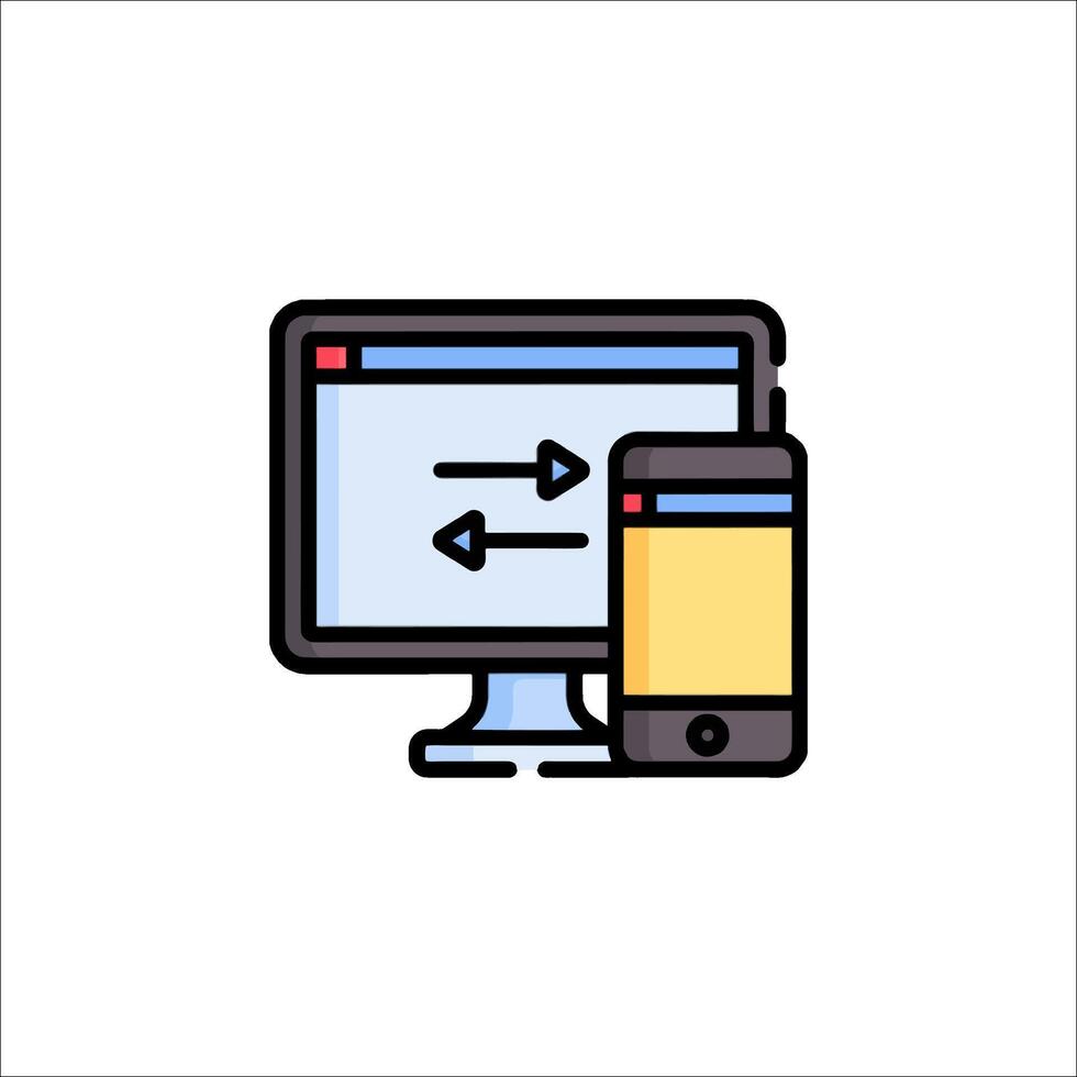 A computer and phone are shown with a line icon vector