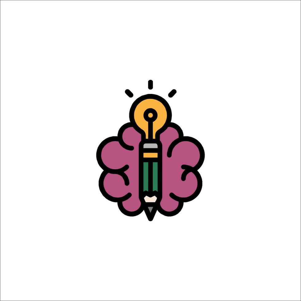 A brain with a pencil and light bulb icon vector