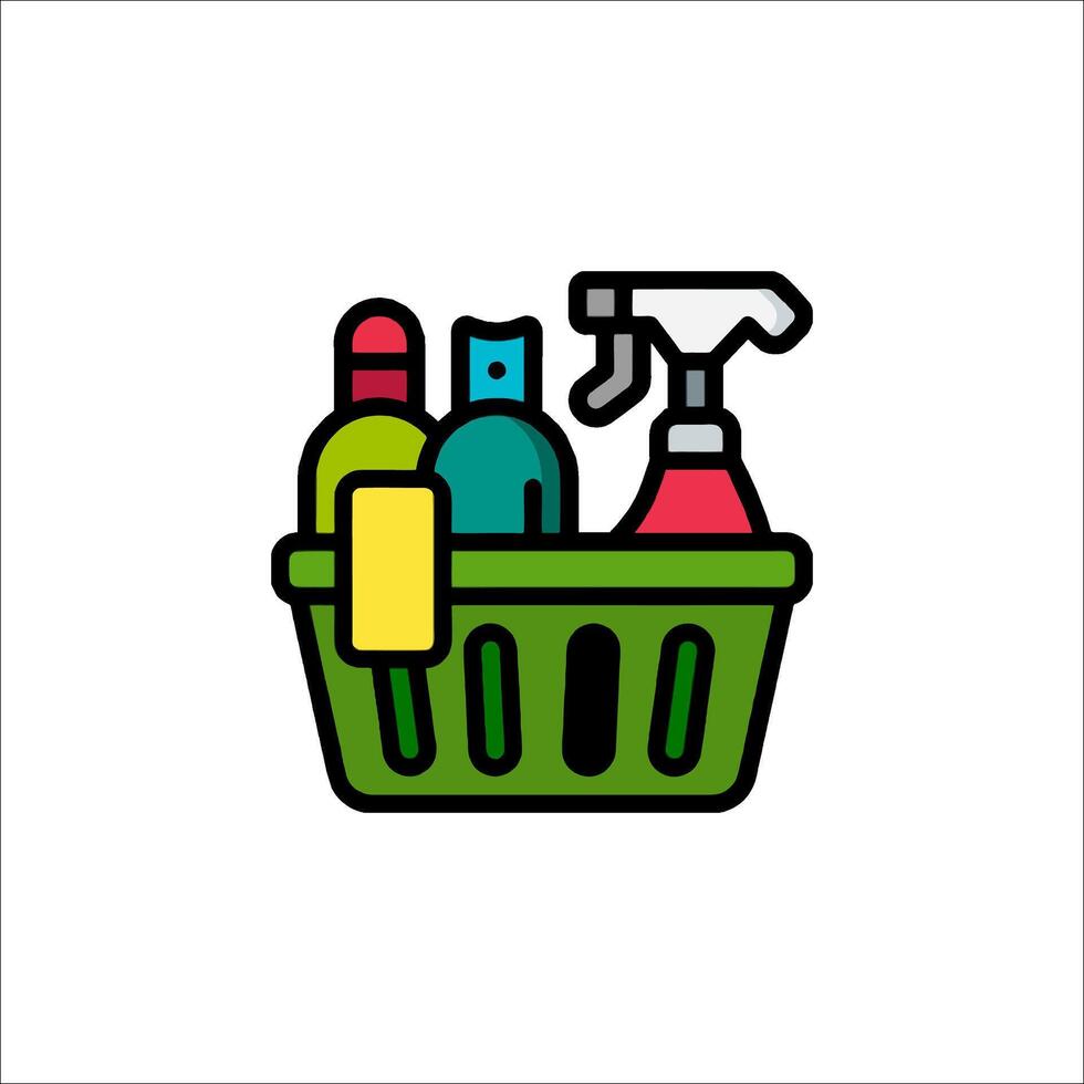 A basket with cleaning supplies and a bottle of bleach vector