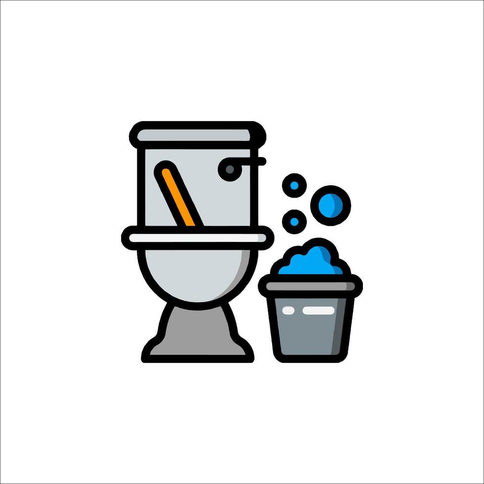 A toilet and a bucket of water are shown in a line vector