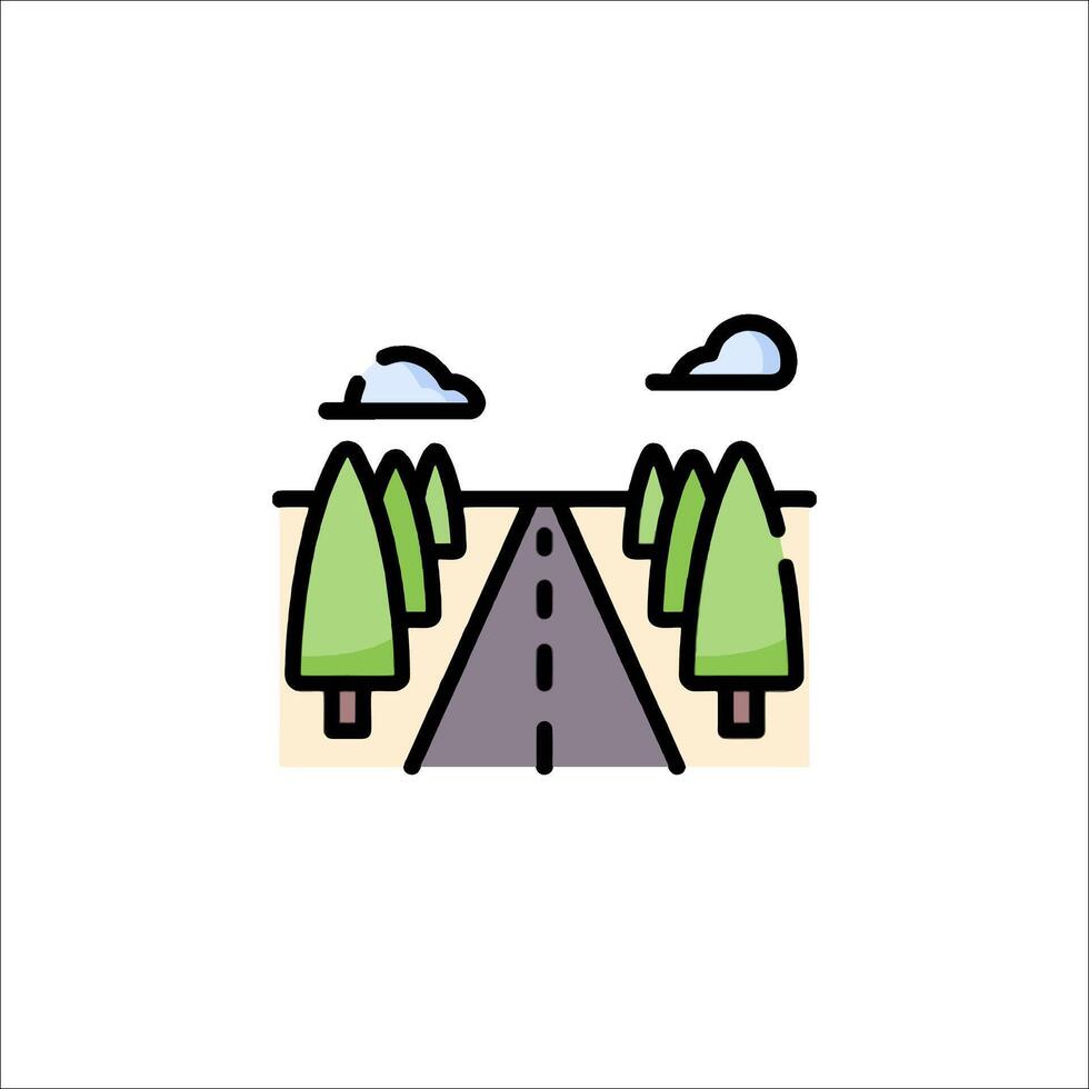 A line drawing of a road with trees and clouds vector
