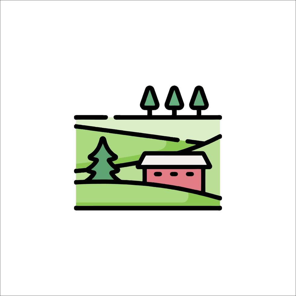 A farmhouse with trees and a hill in the background vector