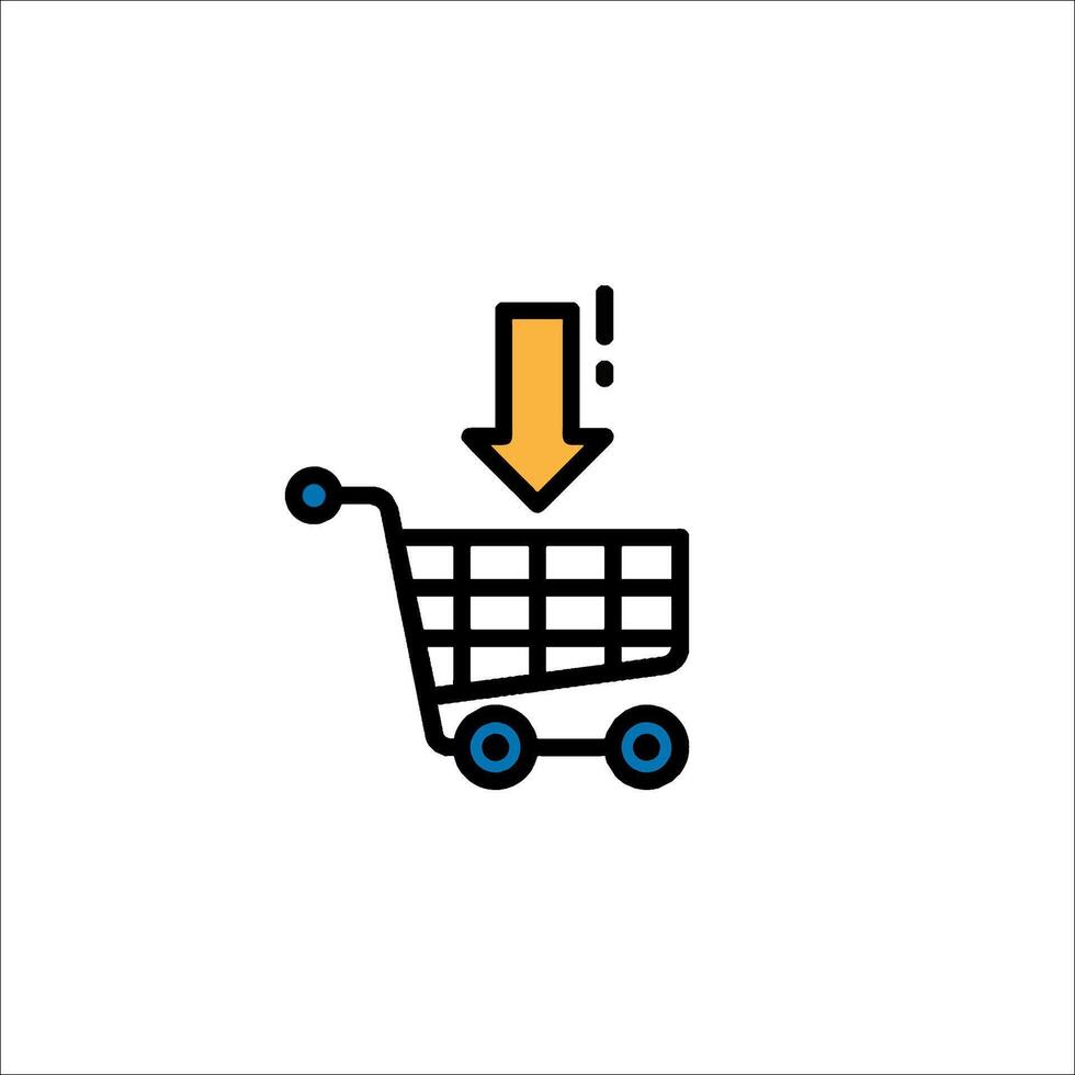 A shopping cart with an arrow pointing down vector