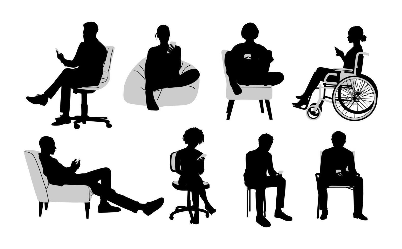 Silhouettes of people sitting with phone . vector