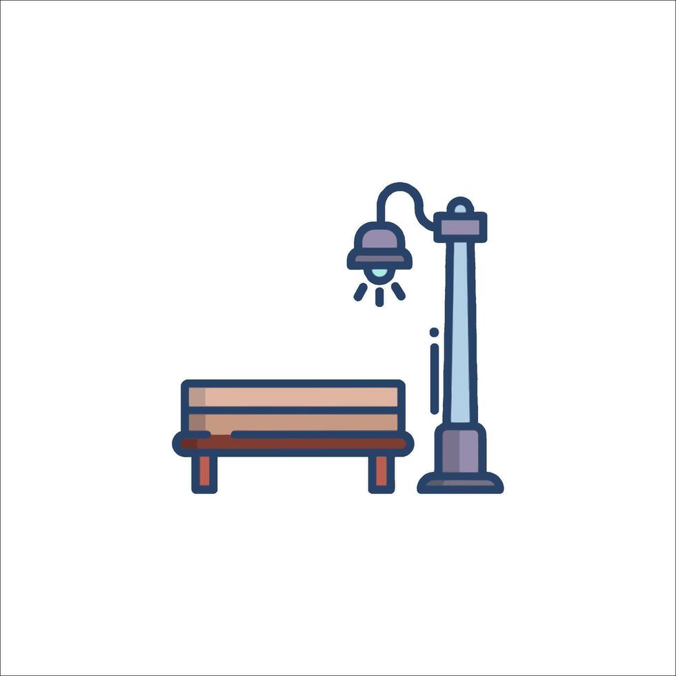 A lamp and a bench in a line drawing vector