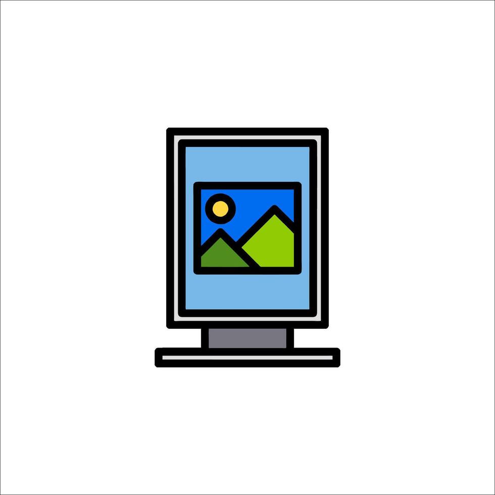 A computer monitor with a picture of mountains on it vector