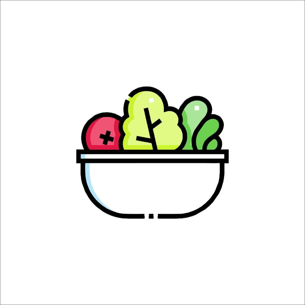A bowl of vegetables is shown in a line drawing vector