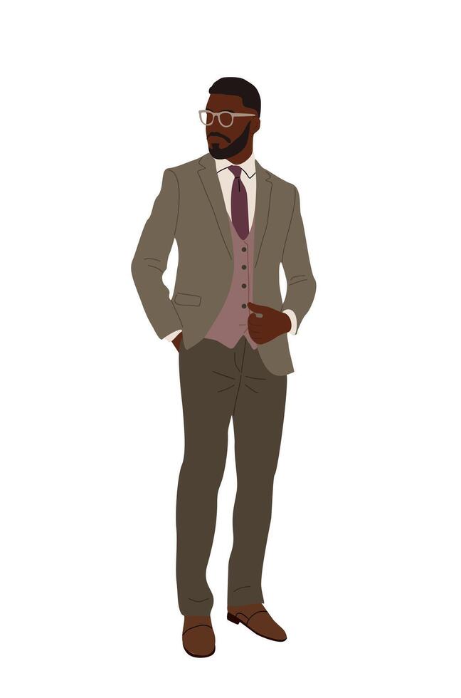 Businessman in formal or black tie outfit. Stylish handsome bearded guy wearing suit for formal event, wedding, celebration vector