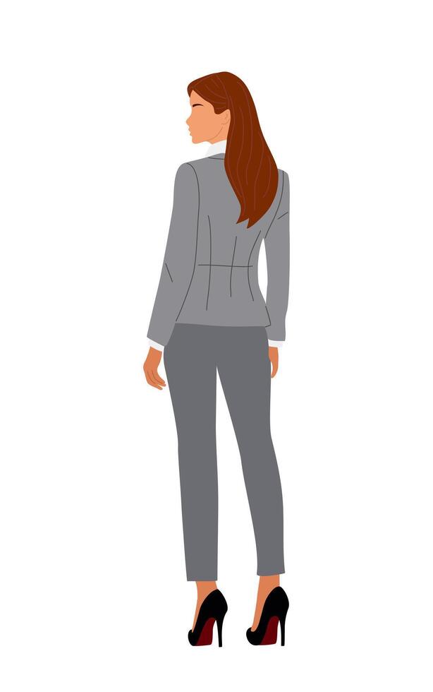 Business woman in gray formal suit standing rear view. Pretty lady boss wearing high heels turned back. vector