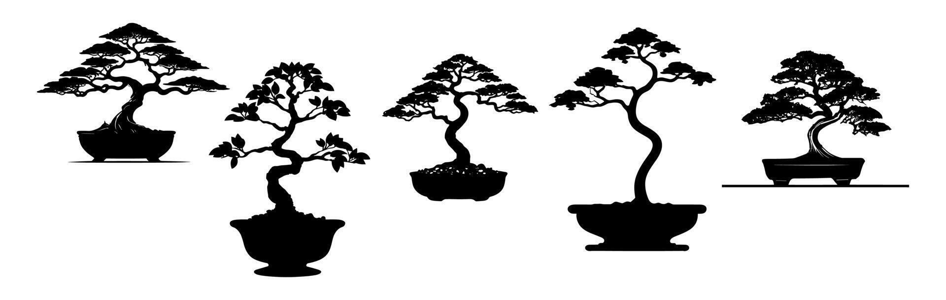 Set of bonsai tree black silhouettes. vector