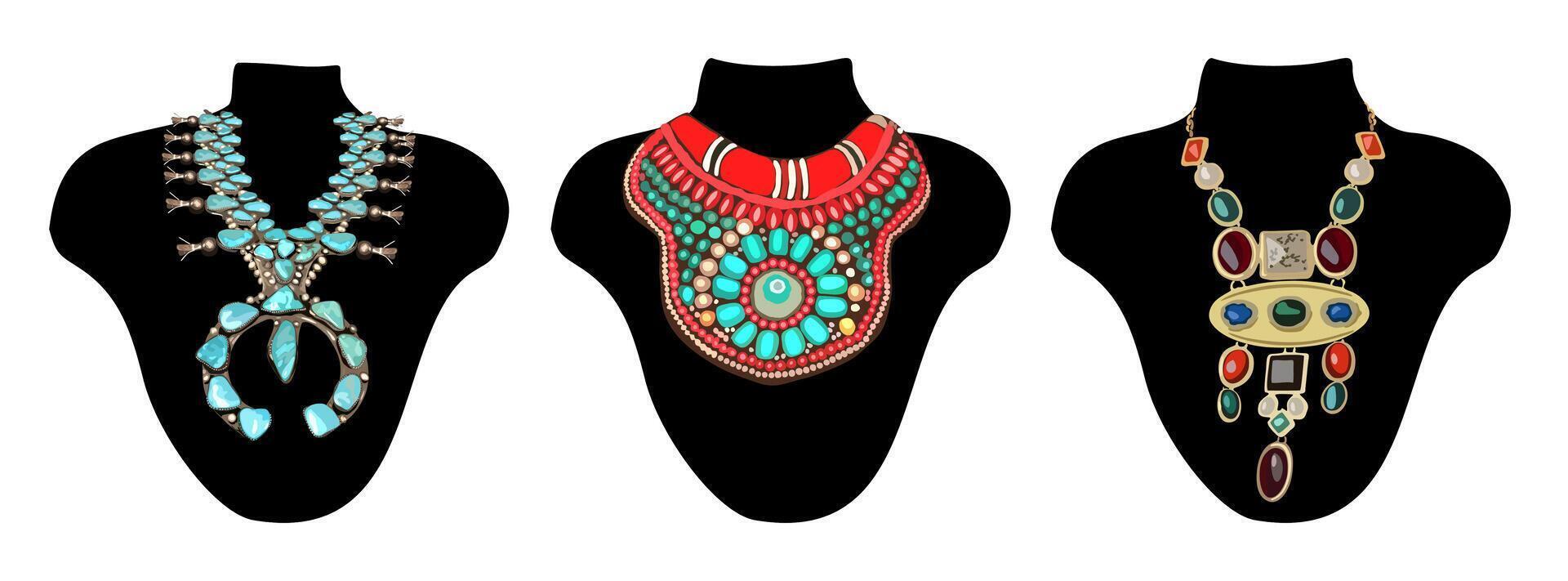 Set of Ancient Ethnic Necklaces isolated. vector