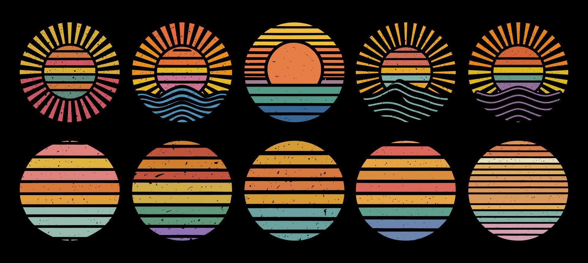 Set of Retro sunset circle badges isolated. vector