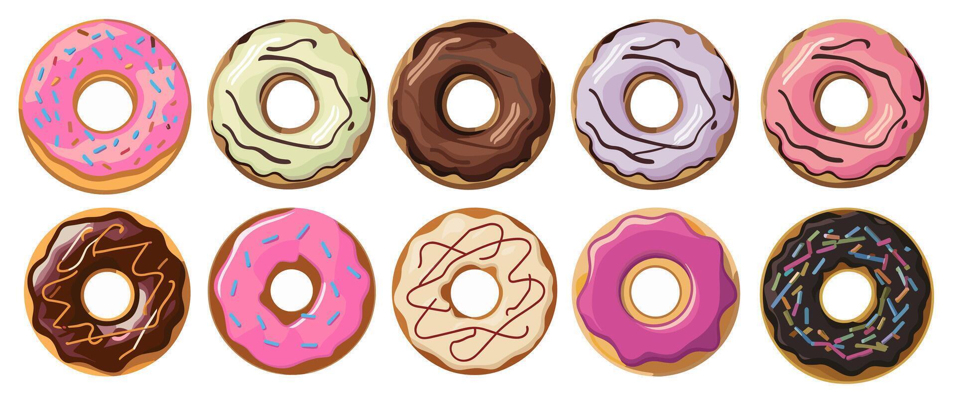 Donuts glazed with colorful sugar, chocolate icing vector