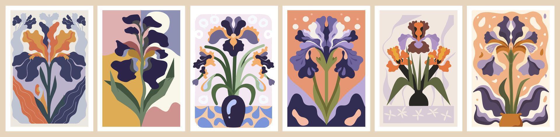 Abstract Iris flower posters art set. vector