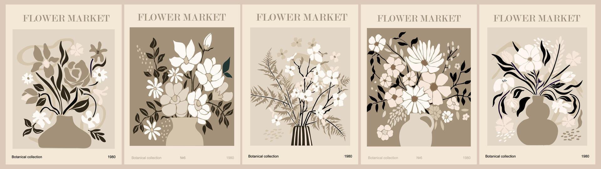 Set of abstract Flower Market art posters. vector