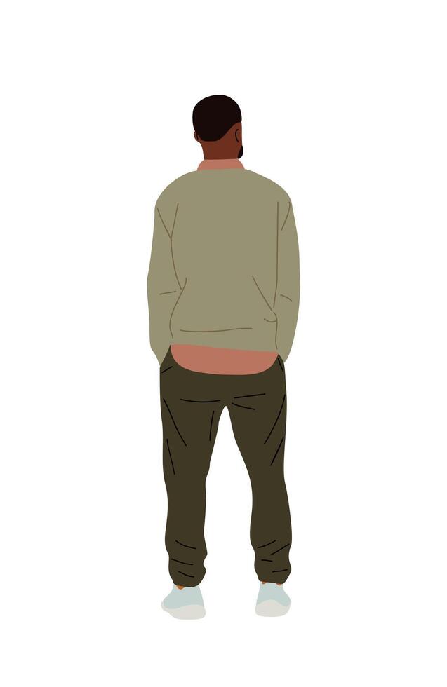 Black man standing full length rear view. vector