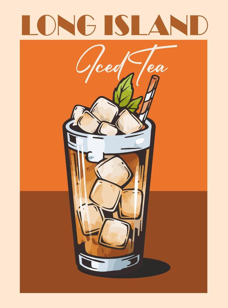 Long Island Iced Tea Cocktail retro art poster. vector