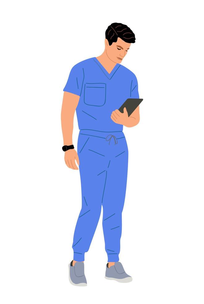 Young man doctor standing and looking at tablet . vector