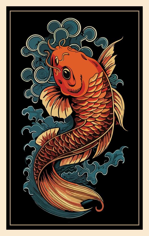 Retro Japanese poster with golden koi fish. vector