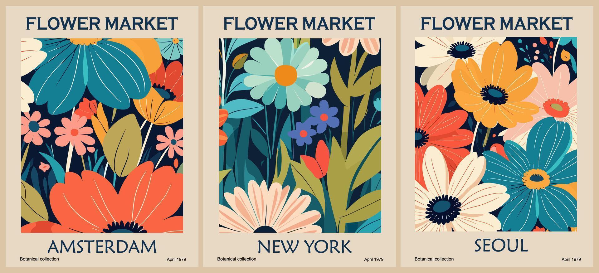 Set of abstract Flower Market art posters. vector