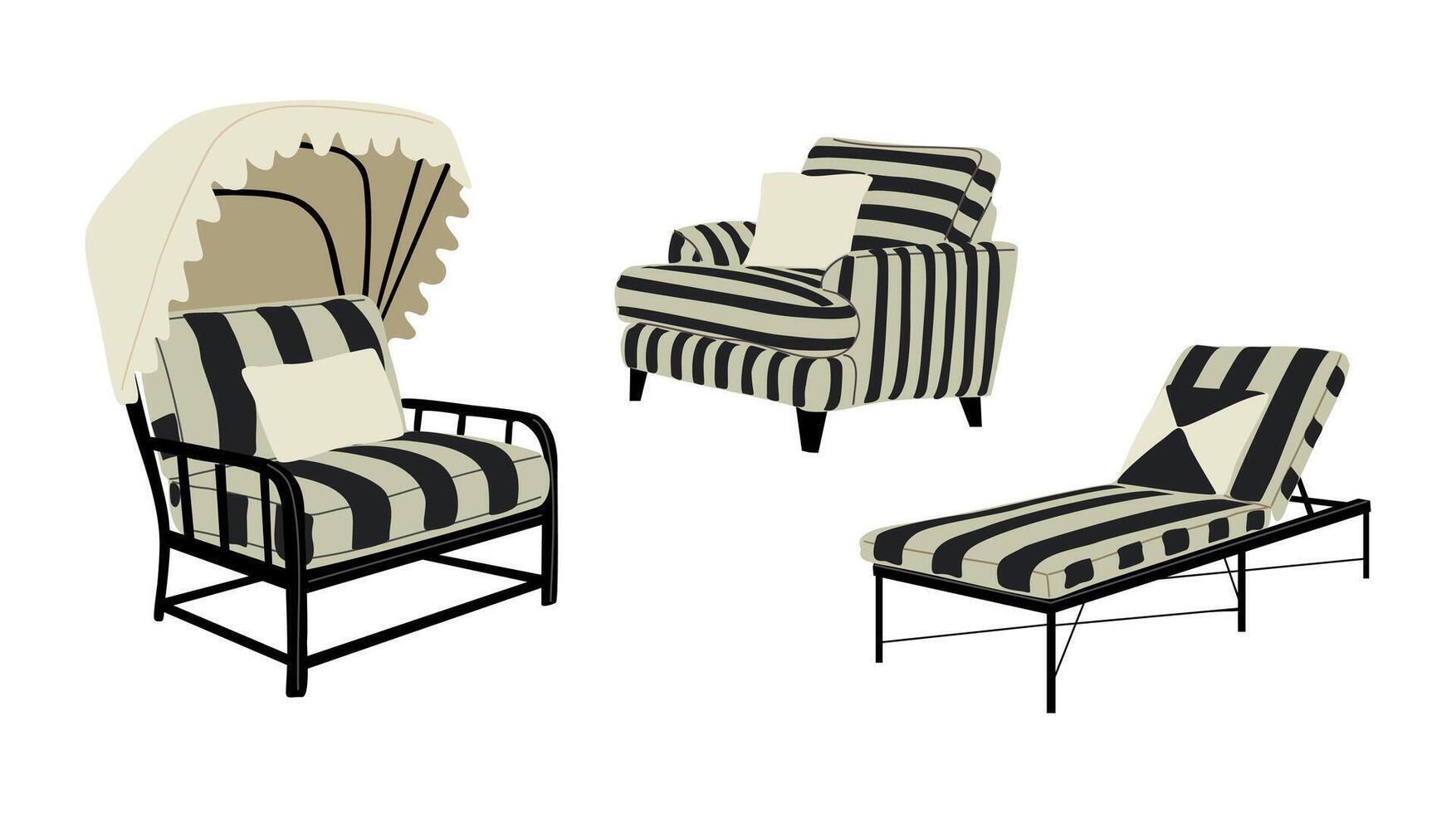 Beach furniture Set. Outdoor, porch zone, garden, patio furniture with striped covers. Cozy garden yard interior elements, armchair, chair, sofa, lounger, sunbed vector