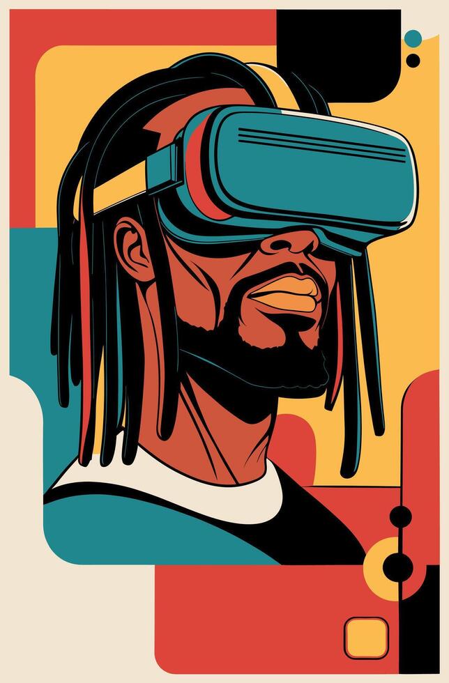 Retro mid century modern futuristic poster with black man wearing virtual reality headset vector