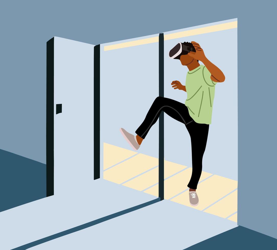 Black guy in VR glasses enters the futuristic room vector