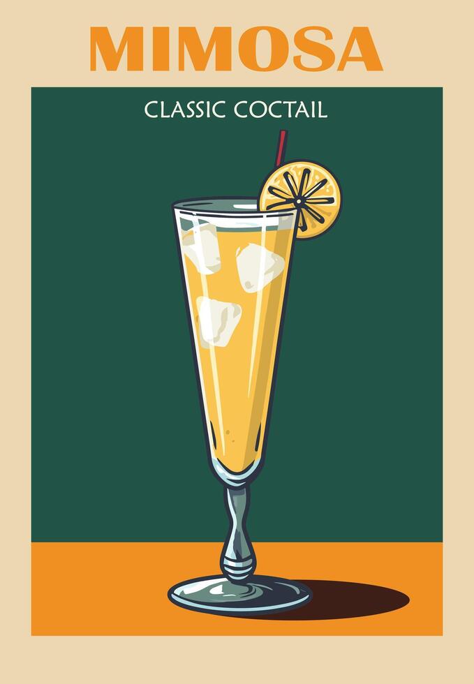 Mimosa Cocktail retro poster wall art. vector