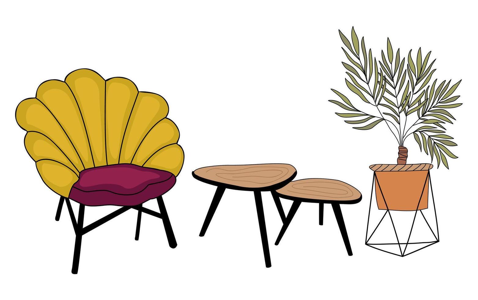 Set of retro furniture with yellow chair, coffee table and potted plant vector