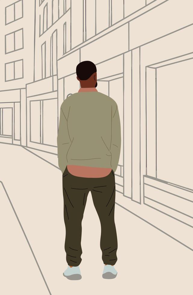 Black man standing rear view on city street. vector