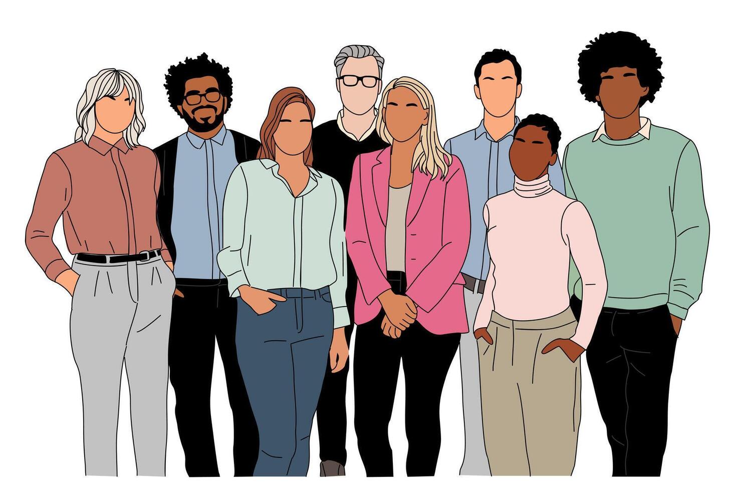 Business team members standing together. Business men, women in formal outfits taking part in business activities vector