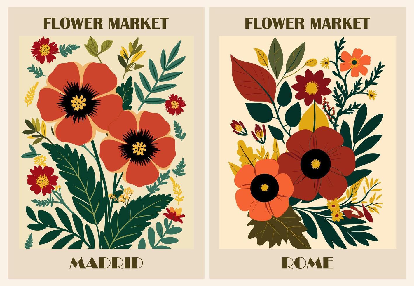 Set of abstract Flower Market posters. Trendy botanical wall arts with floral design in earth tone sage green colors vector