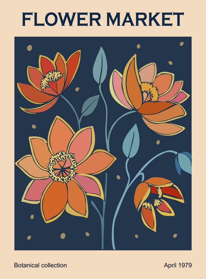 Abstract flower market colorful art poster. vector