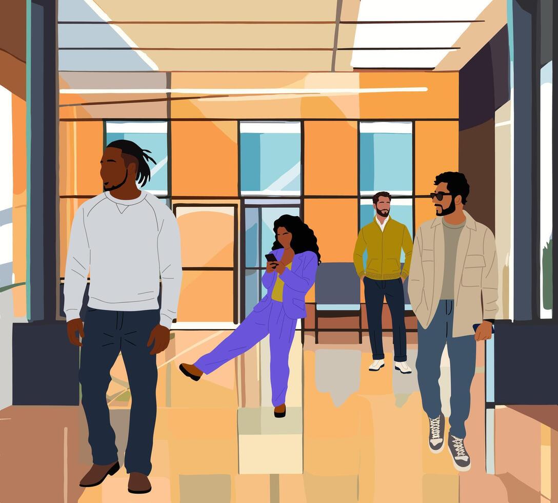 Different business people walking, standing in hallway of modern office building vector