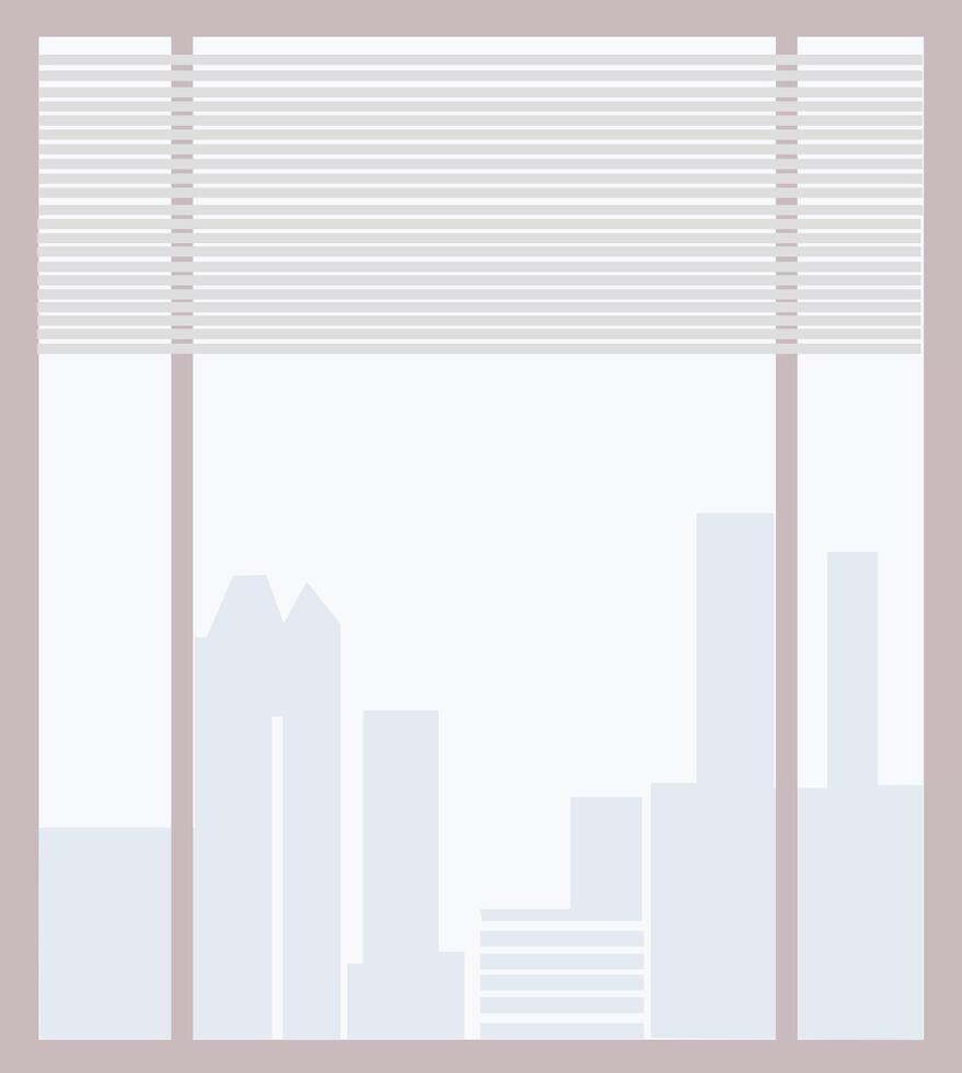 Big panoramic window in modern office with blinds and urban cityscape behind vector