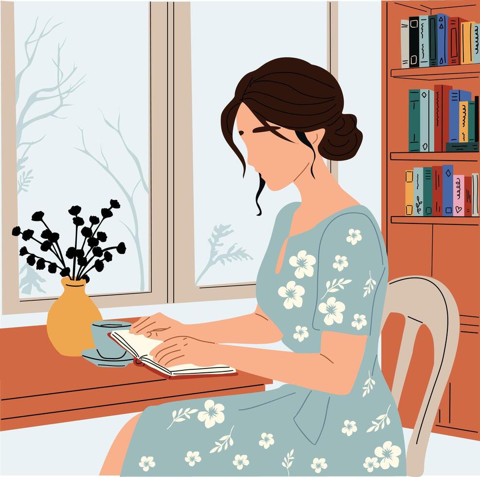 Woman reading book sitting near window in comfortable room with book shelves vector