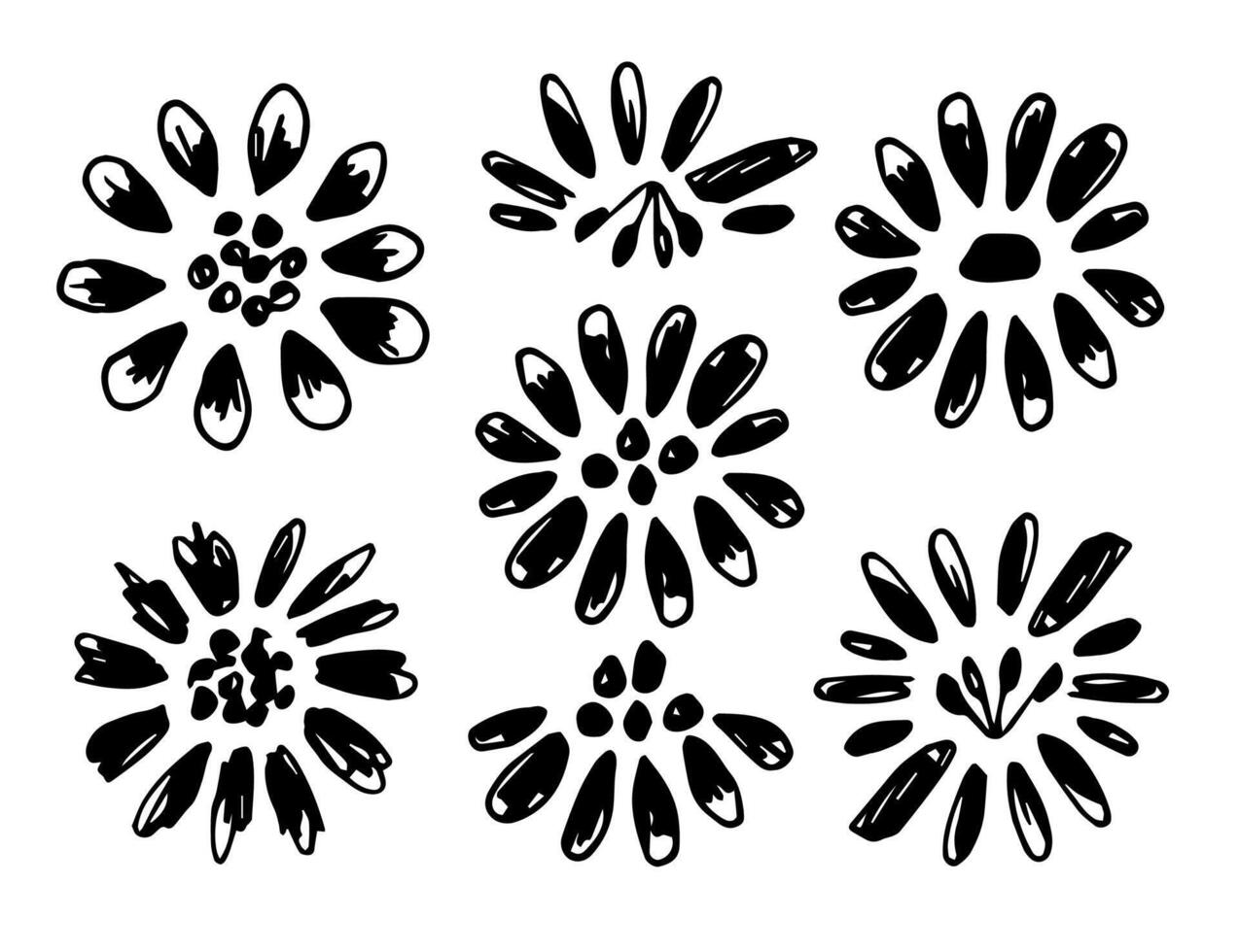 Simple floral set. Black silhouette of flowers isolated on white background. For product decoration, postcard, invitations, pattern making. Spring summer seasonal design. vector