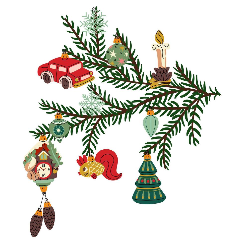 branch of a Christmas tree with retro-style Christmas balls. Soviet glass toys in flat style. car, Christmas tree, candle. Decor for Christmas, New Year and holidays. Hand-drawn isolated on a white vector
