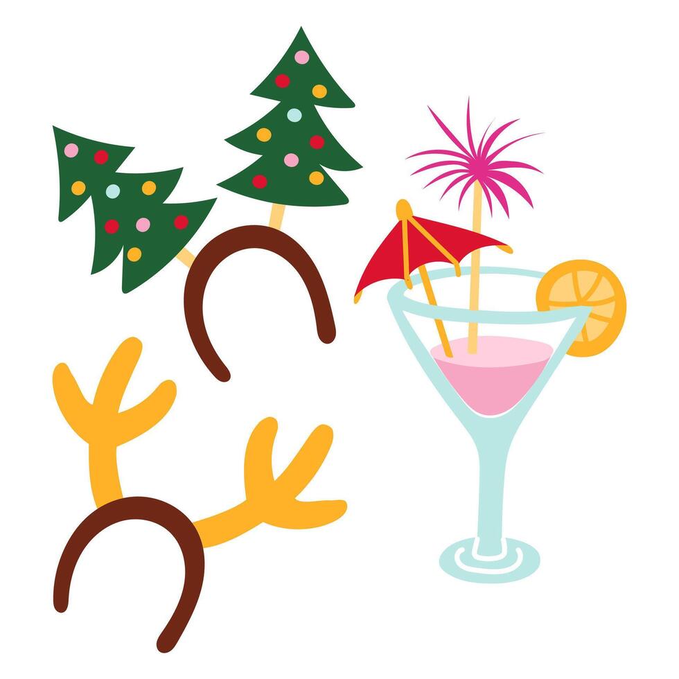 Christmas headband and a drink. A headdress for a party, festival, carnival, holiday. A headband with moose horns, a Christmas tree along with a festive drink with an umbrella. Cartoon. . vector